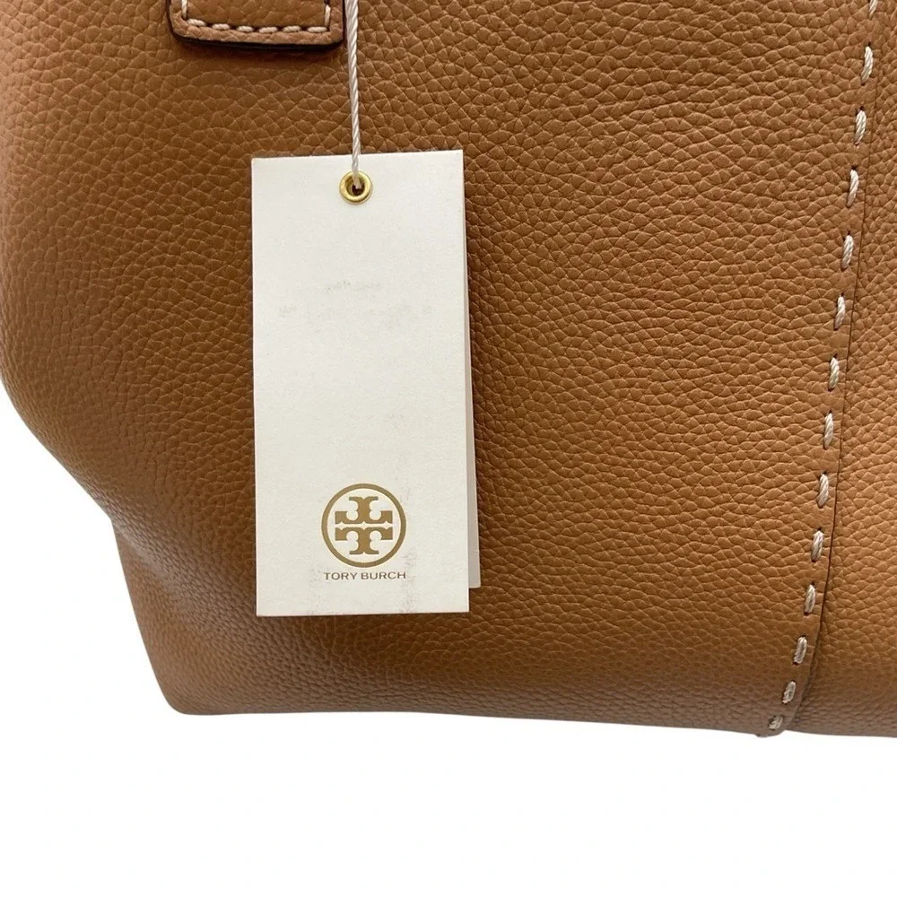 Tory Burch Tan Pebbled Leather Tote with Logo